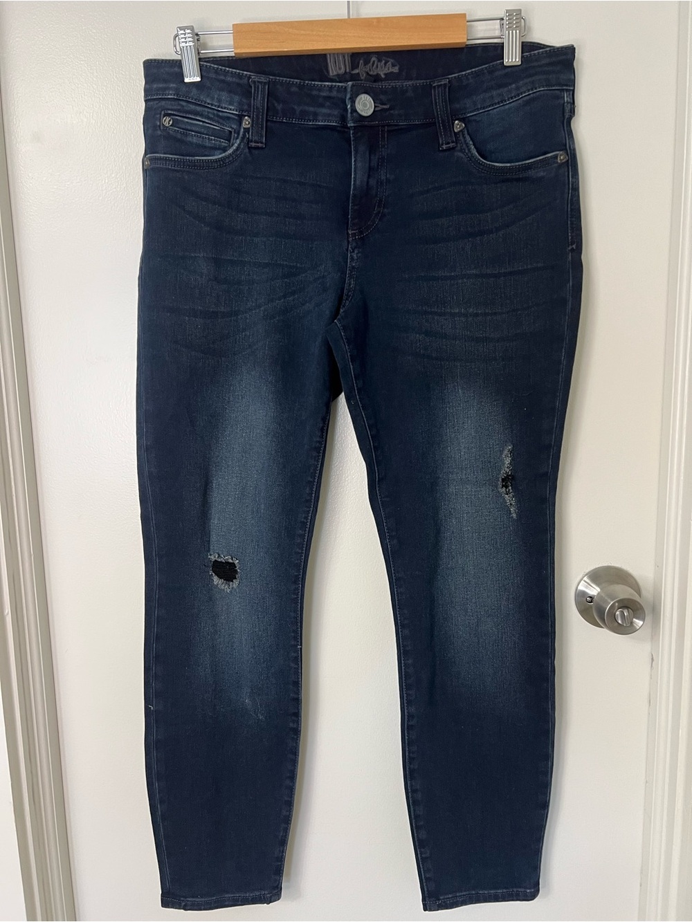 Kut from the Kloth Dark Indigo High-Rise Distressed Straight Leg Skinny Jeans